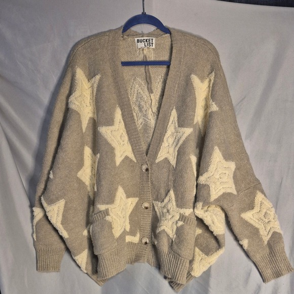 Bucket List Cardigan Sweater Womens M Star Print Knit Button Up Oversized - Picture 1 of 4